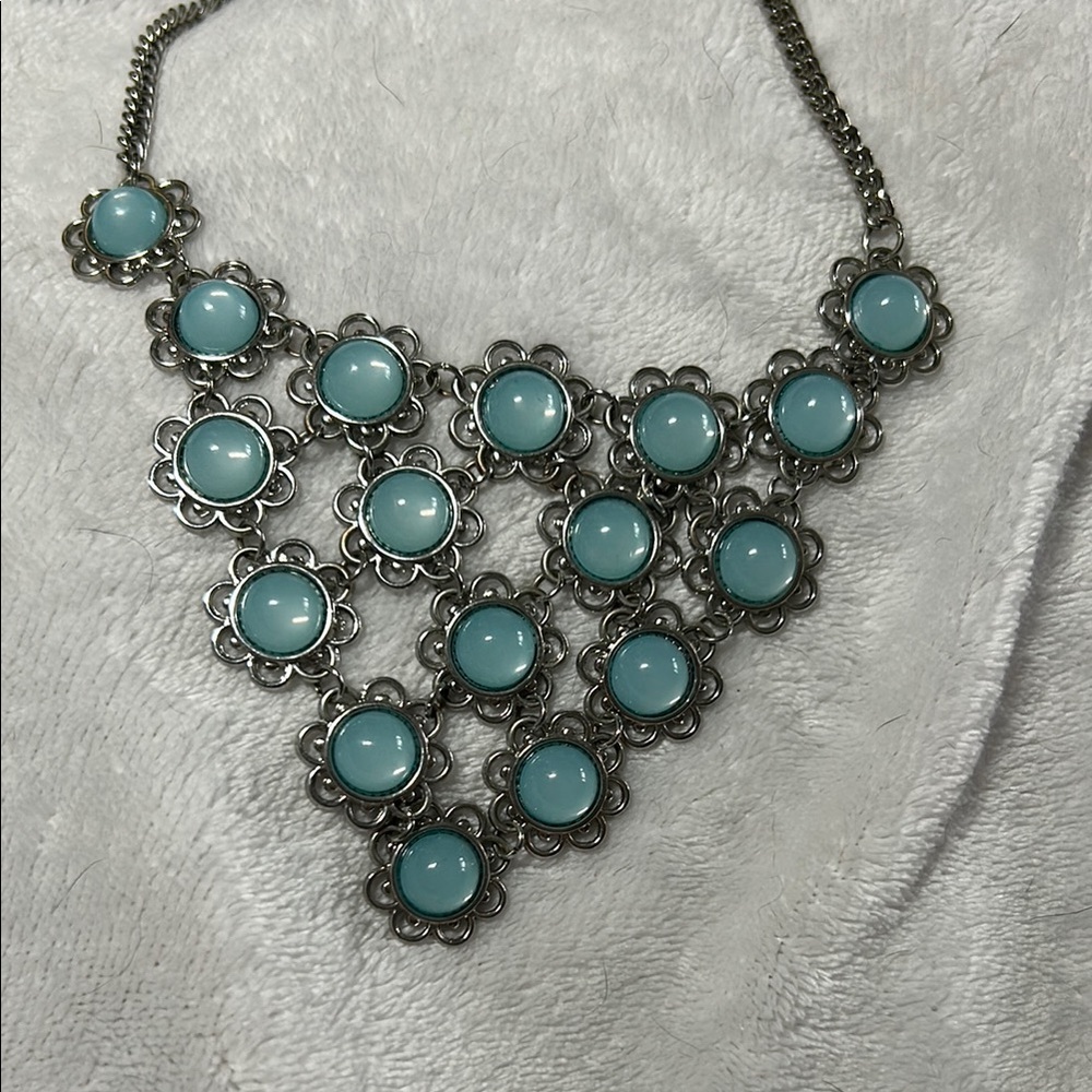 Silver Tone Light Blue Cabochon‎ Floral Bib Necklace Boho Statement Jewelry